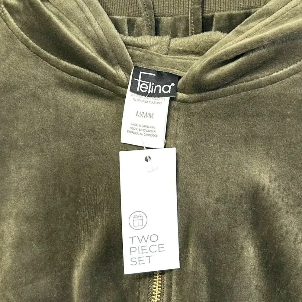 Felina Luxe Velour Zip Hoodie and Jogger Set NWT Womens Sz M Deep Olive Casual